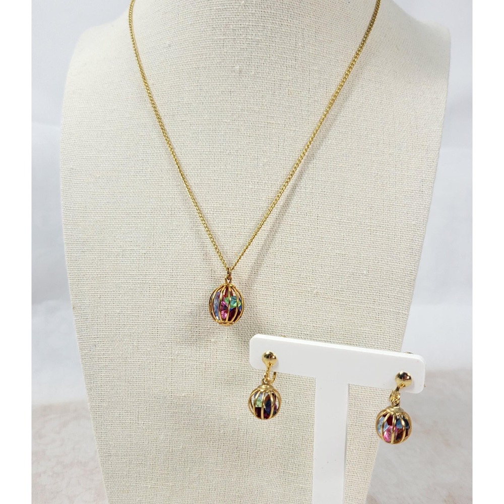 Vintage Caged Gemstone Necklace and Screw-Back Earrings Set 1960s Gold Tone